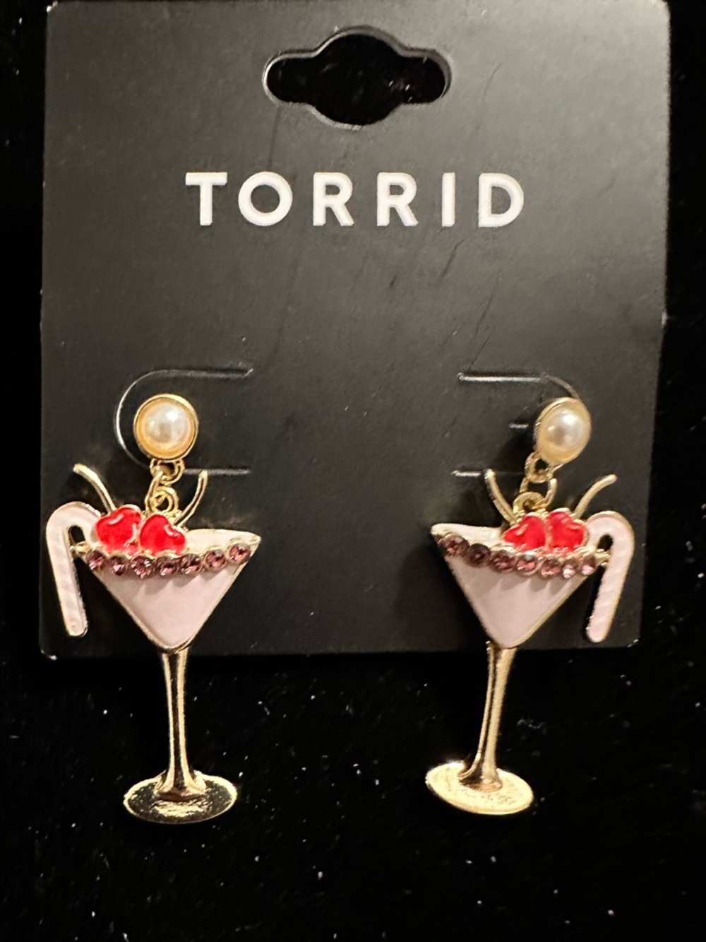 NWOT Torrid Women’s Gold-Tone Pink Martini Drop Earrings with Red Accents